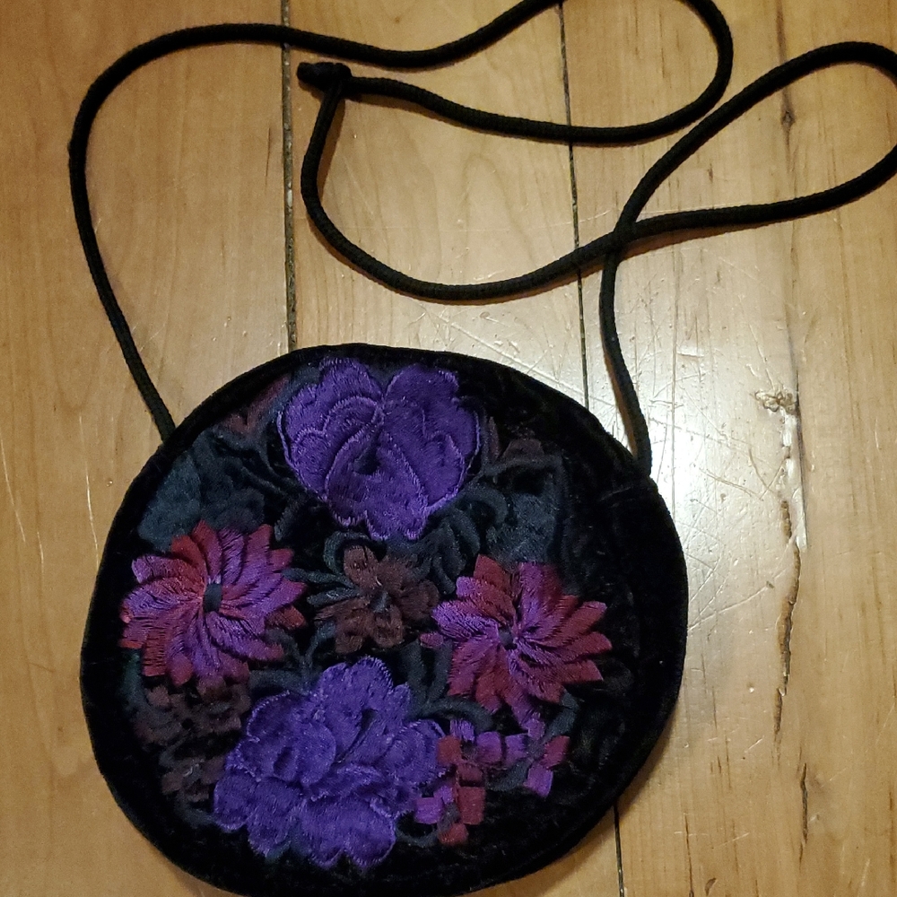 Black Velvet Crossbody Bag with Purple Floral Embroidery